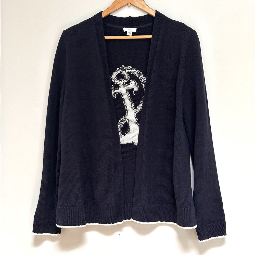 J Jill Navy Anchor Cardigan Sweater Women M Nautical Open Front Cotton Coastal - Picture 2 of 7